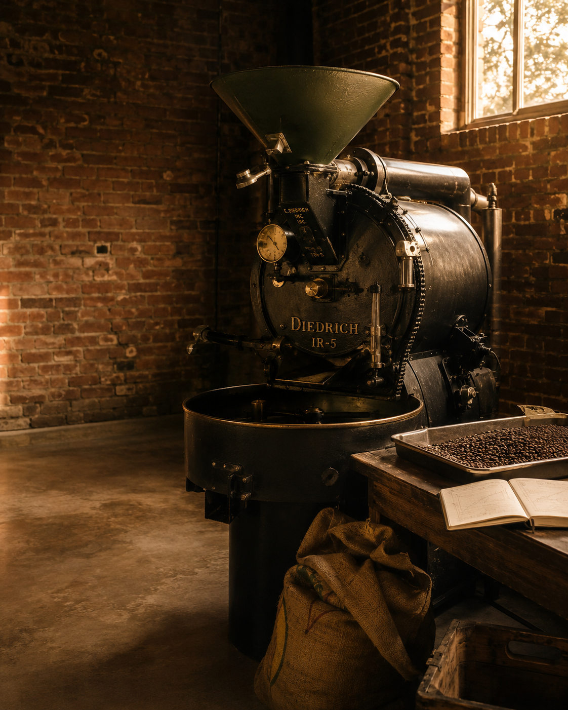 The Tindarra Roasters Diedrich IR-5 cast-iron roaster inside the converted blacksmith on Hargraves Lane, with brick walls, cooling tray of fresh beans, and an open roast notebook