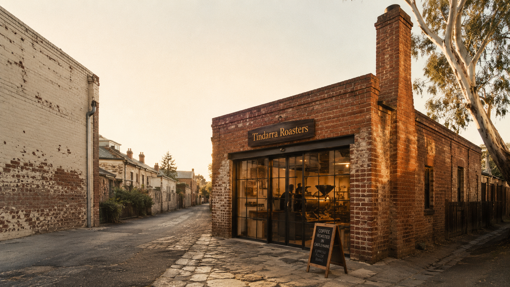 The Tindarra Roasters roastery — a converted 1880s blacksmith on Hargraves Lane, with the original brick chimney still standing on the corner