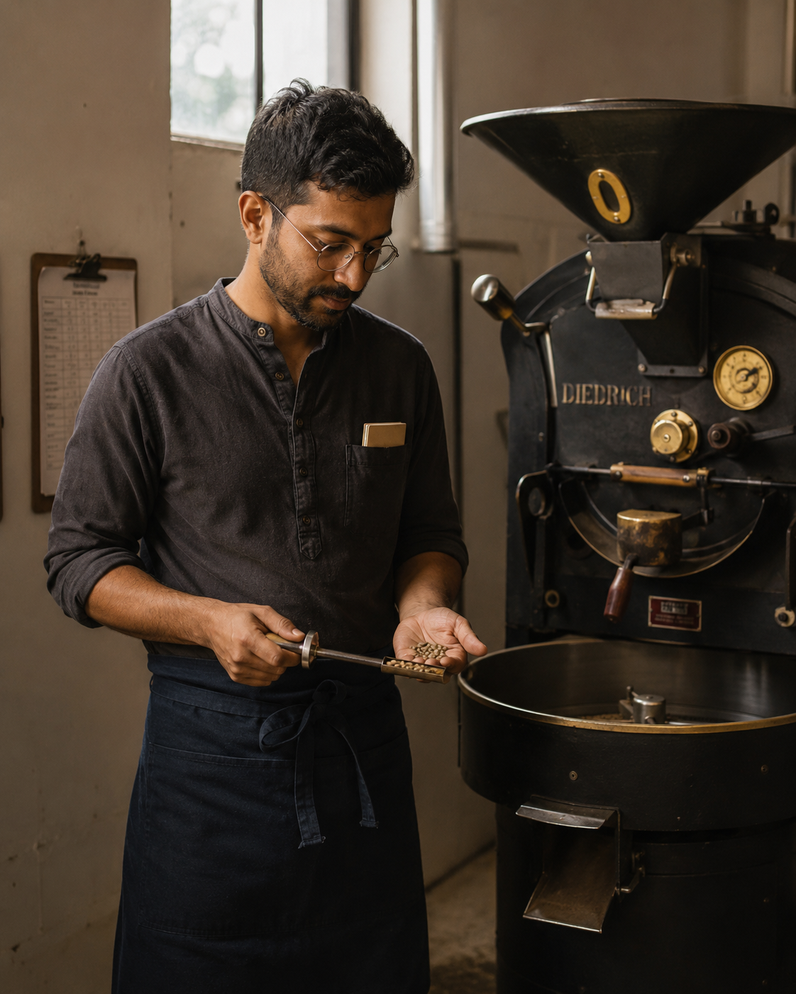 Sam Patel beside the Diedrich IR-5 roaster